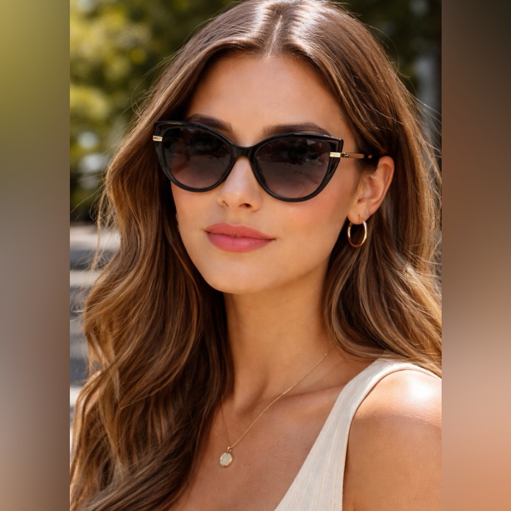 Longchamp LO627S 001 Black Gold Cat Eye Sunglasses 57-16-140 Gradient Lens